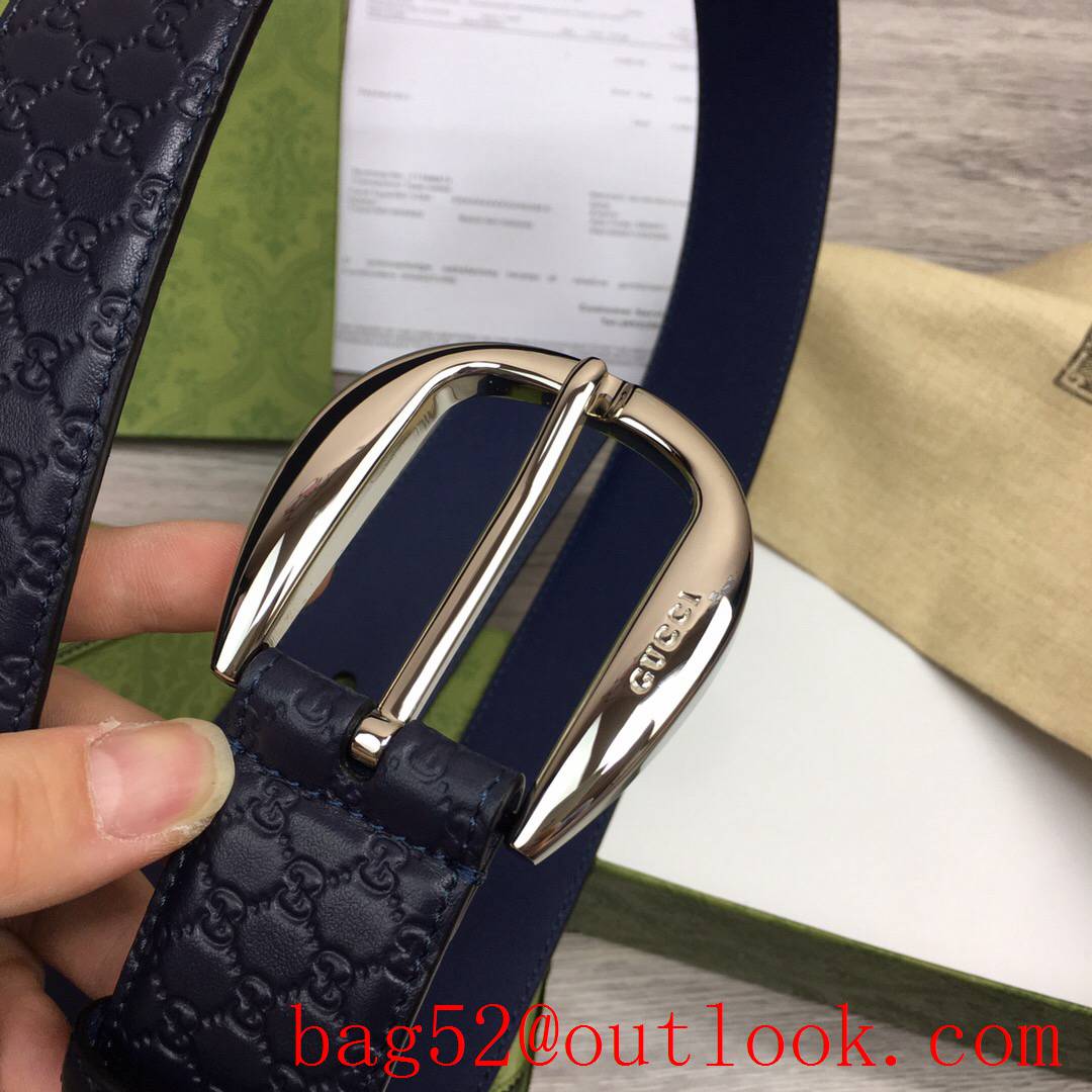 Gucci GG men 4cm navy Classic calfskin pin silver buckle belt