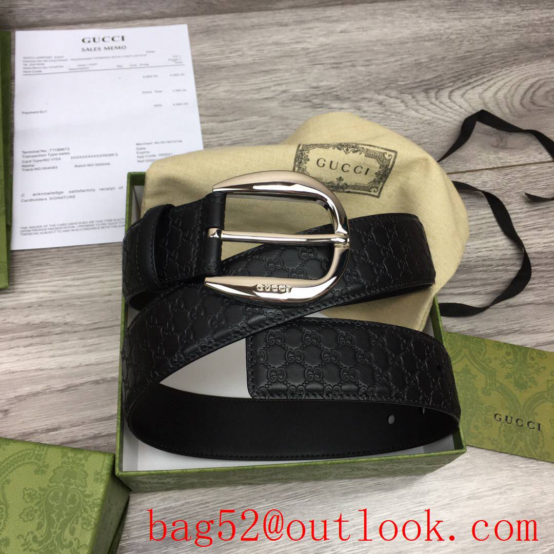 Gucci GG men 4cm black Classic calfskin pin silver buckle belt