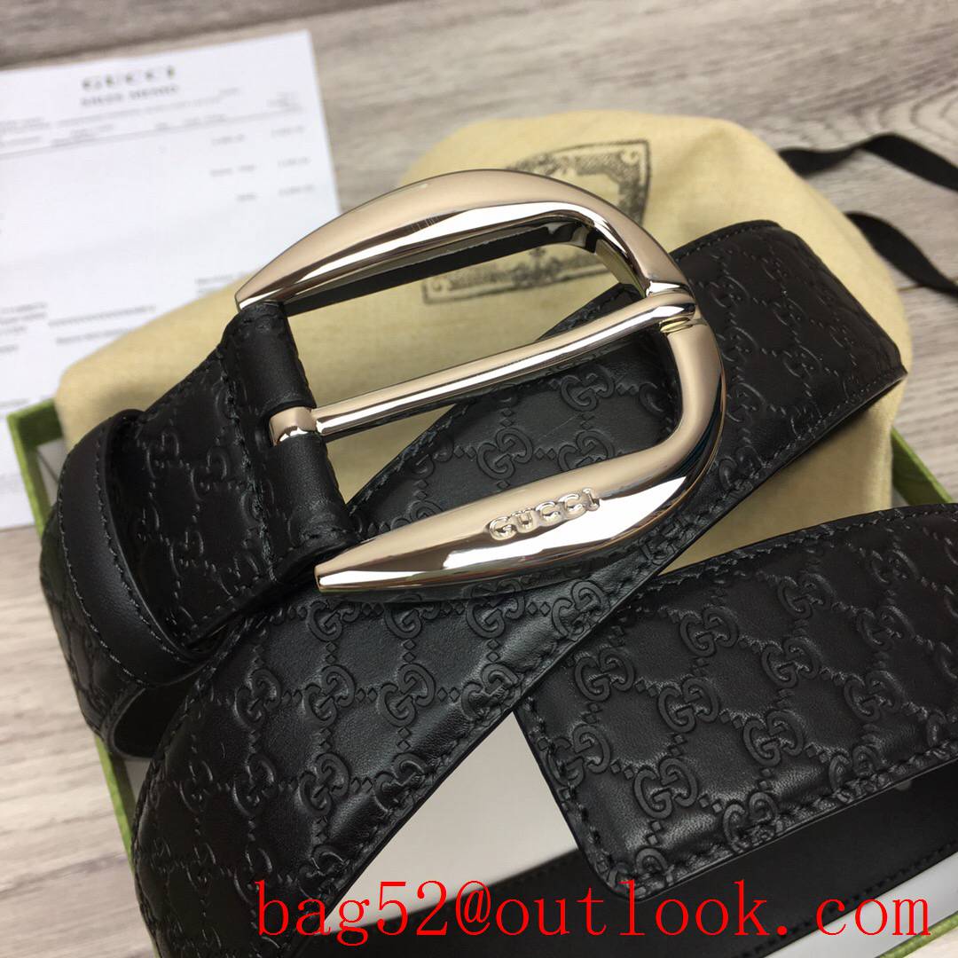 Gucci GG men 4cm black Classic calfskin pin silver buckle belt