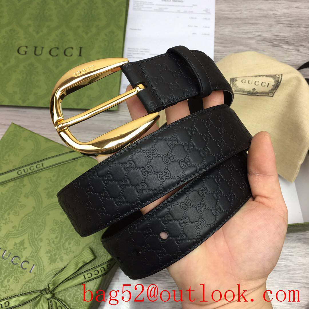 Gucci GG men 4cm black Classic calfskin pin gold buckle belt