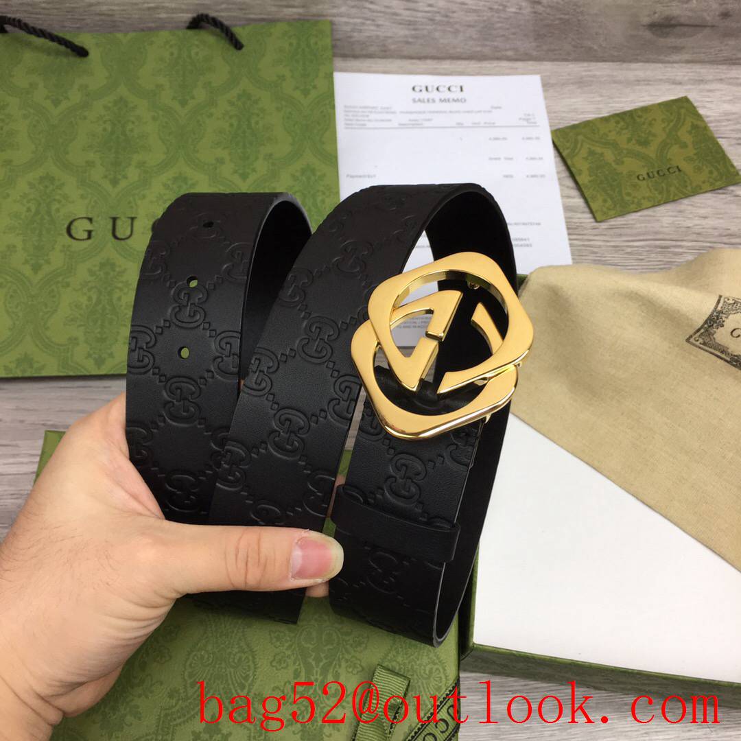 Gucci GG men 4cm black GG calfskin paint gold buckle belt