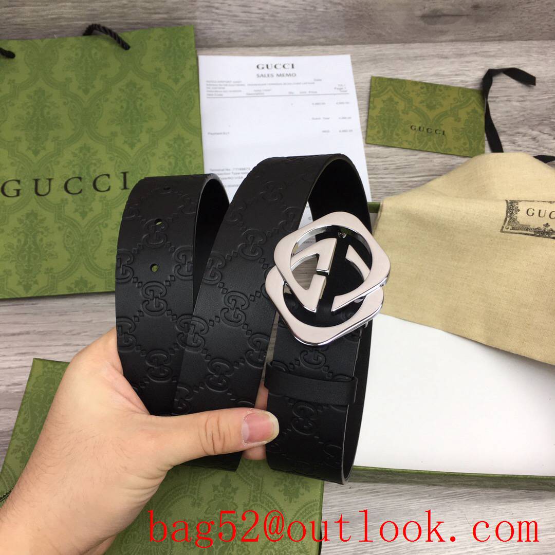 Gucci GG men 4cm black GG calfskin paint silver buckle belt