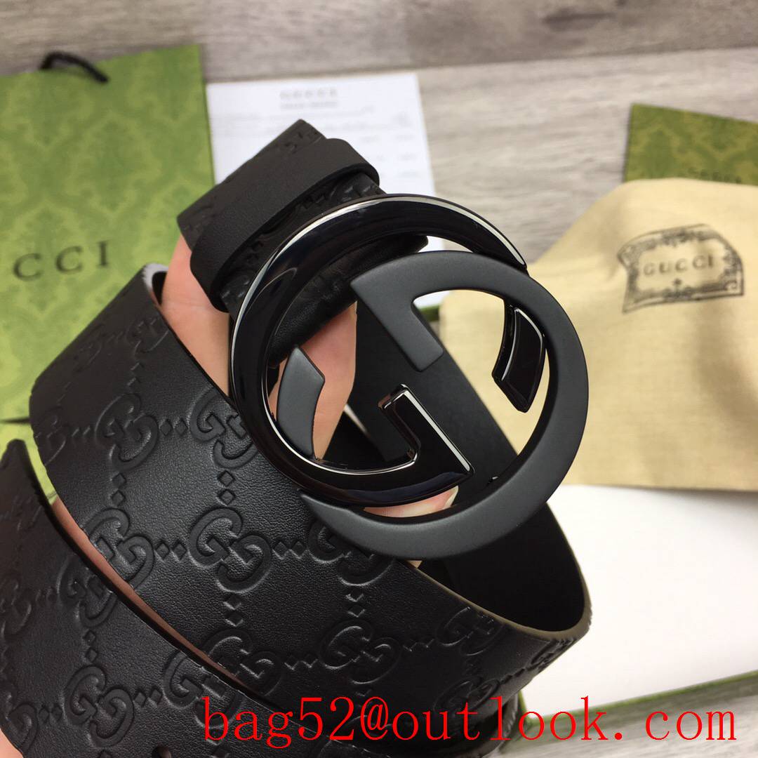 Gucci GG men 4cm Embossing calfskin new tri-black buckle belt