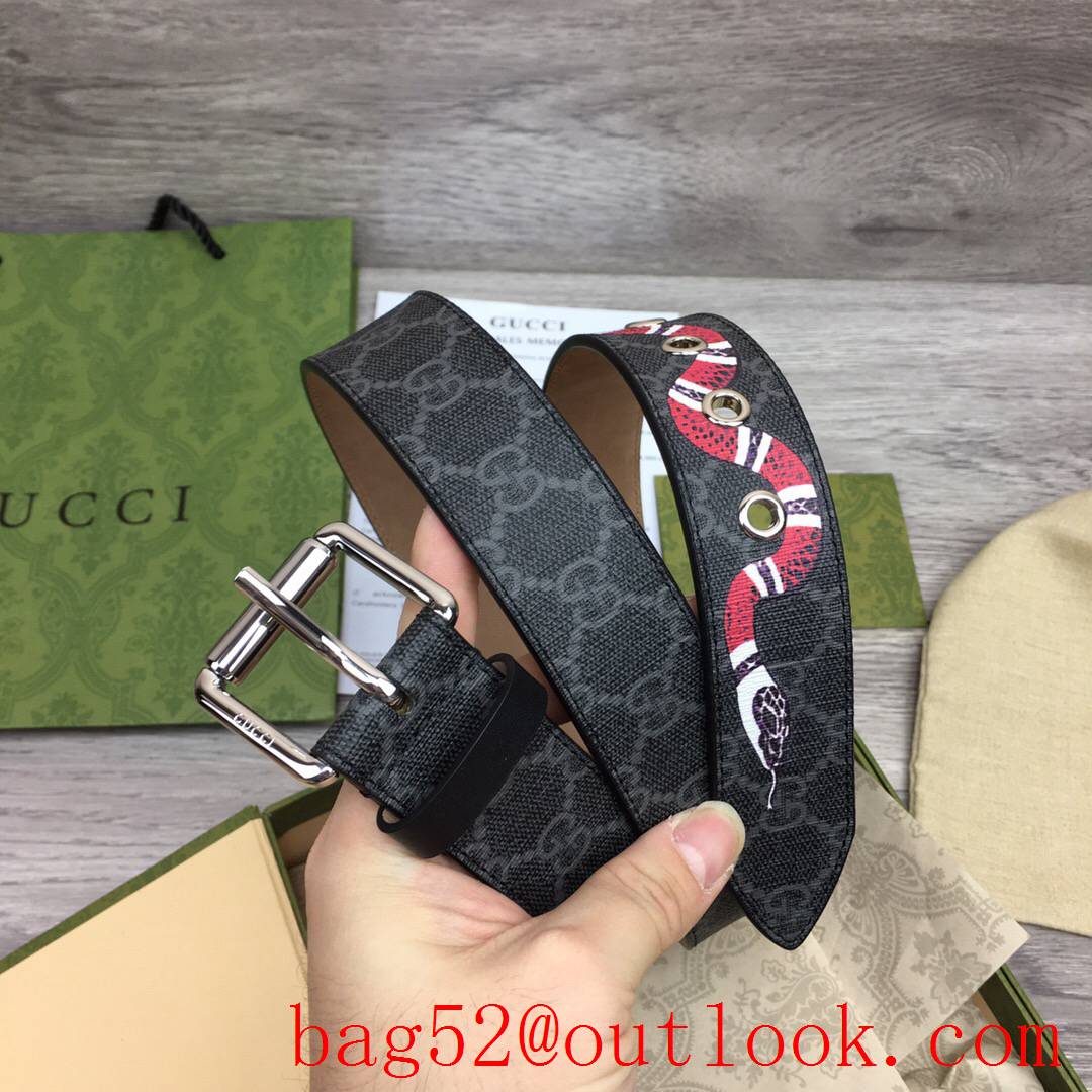 Gucci GG men black with snake paint silver pin buckle belt