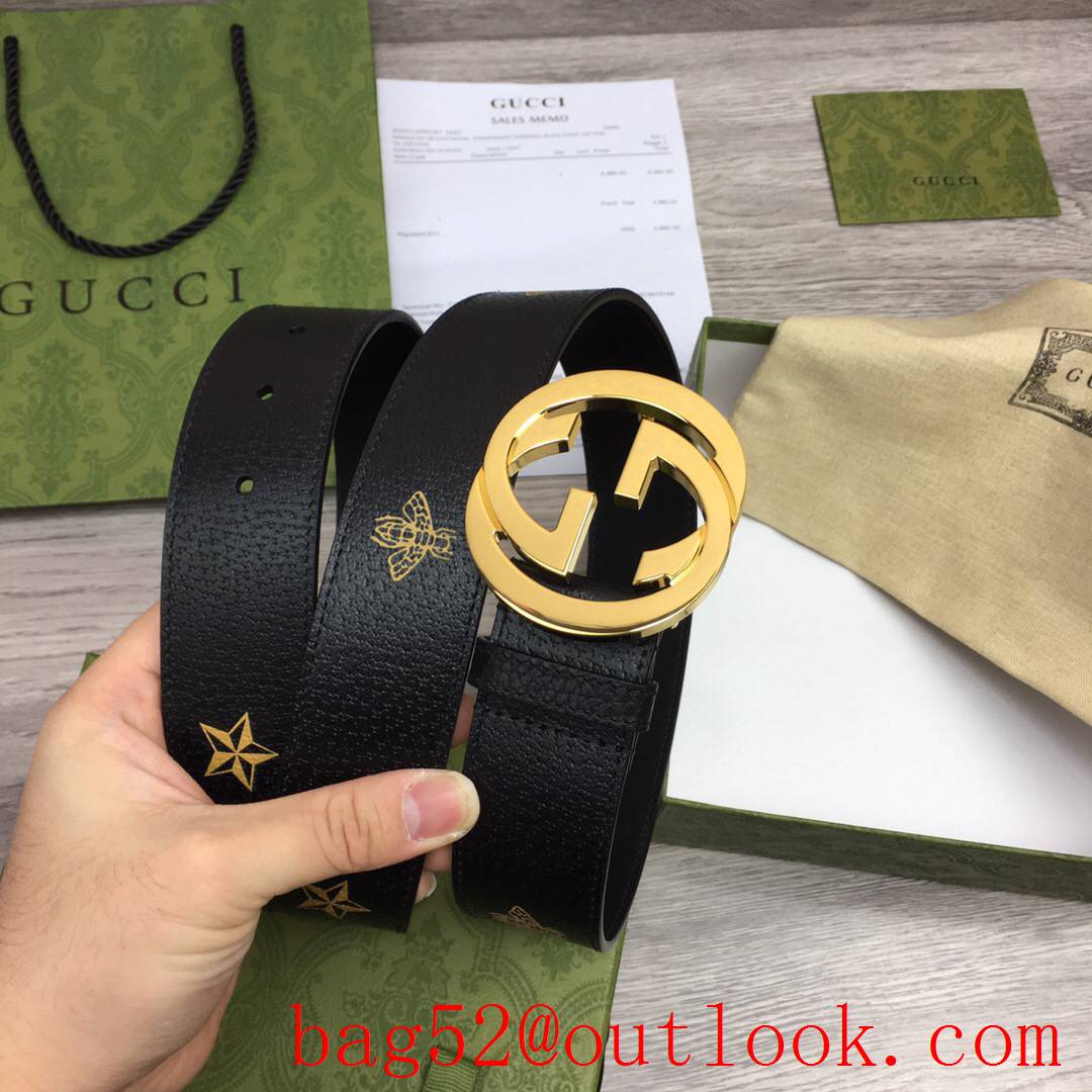 Gucci GG men 4cm soft black leather with pattern paint gold GG buckle belt