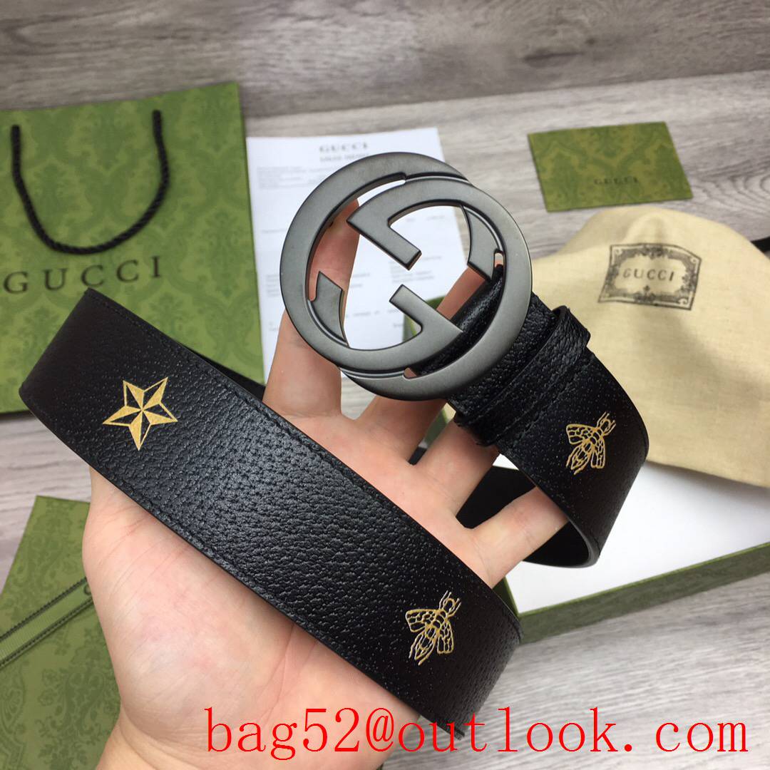 Gucci GG men 4cm soft black leather with pattern matte gray GG buckle belt