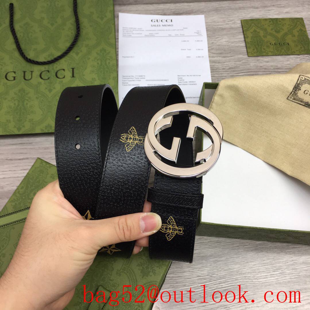 Gucci GG men 4cm soft black leather with pattern paint silver GG buckle belt
