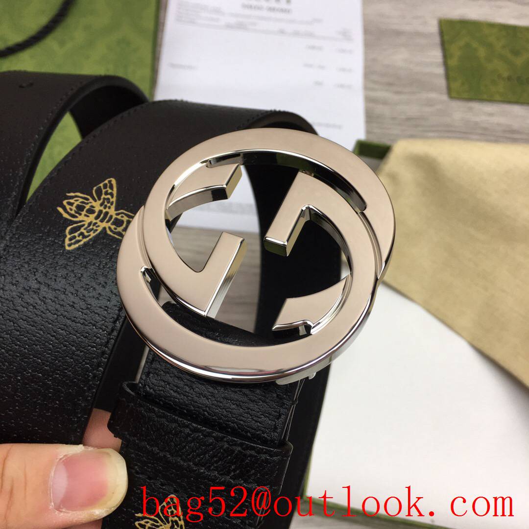 Gucci GG men 4cm soft black leather with pattern paint silver GG buckle belt