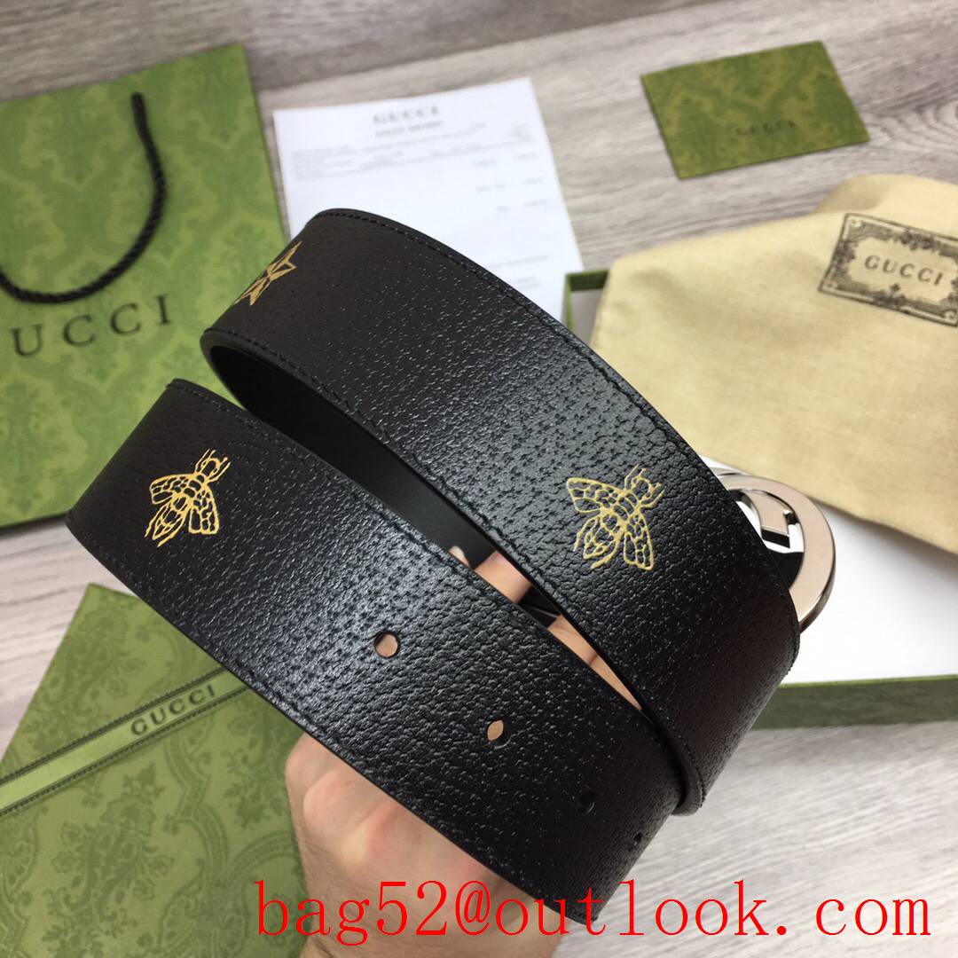 Gucci GG men 4cm soft black leather with pattern paint silver GG buckle belt