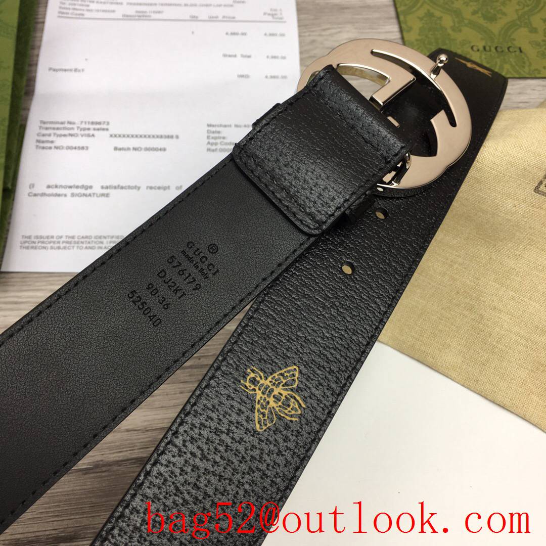 Gucci GG men 4cm soft black leather with pattern paint silver GG buckle belt