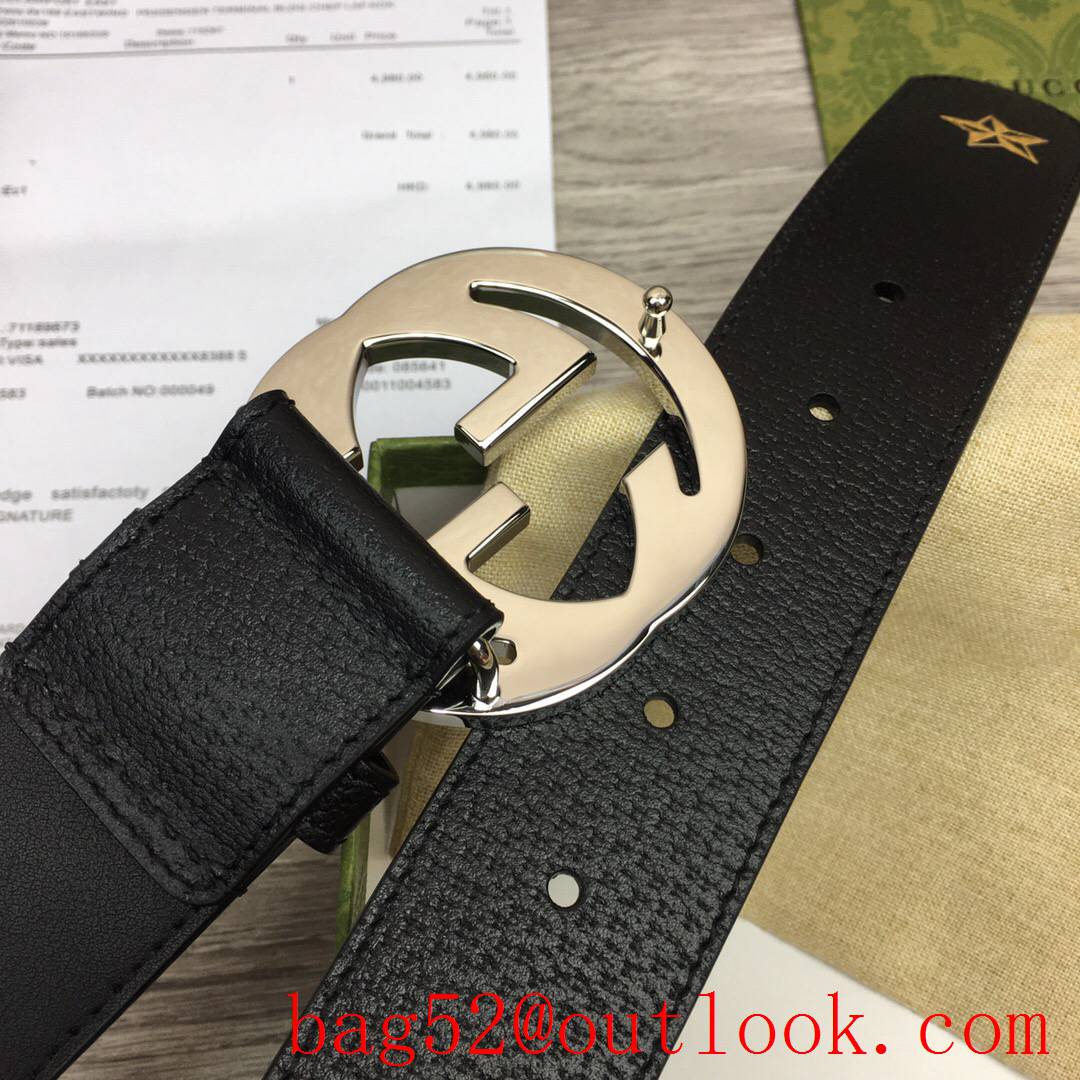 Gucci GG men 4cm soft black leather with pattern paint silver GG buckle belt