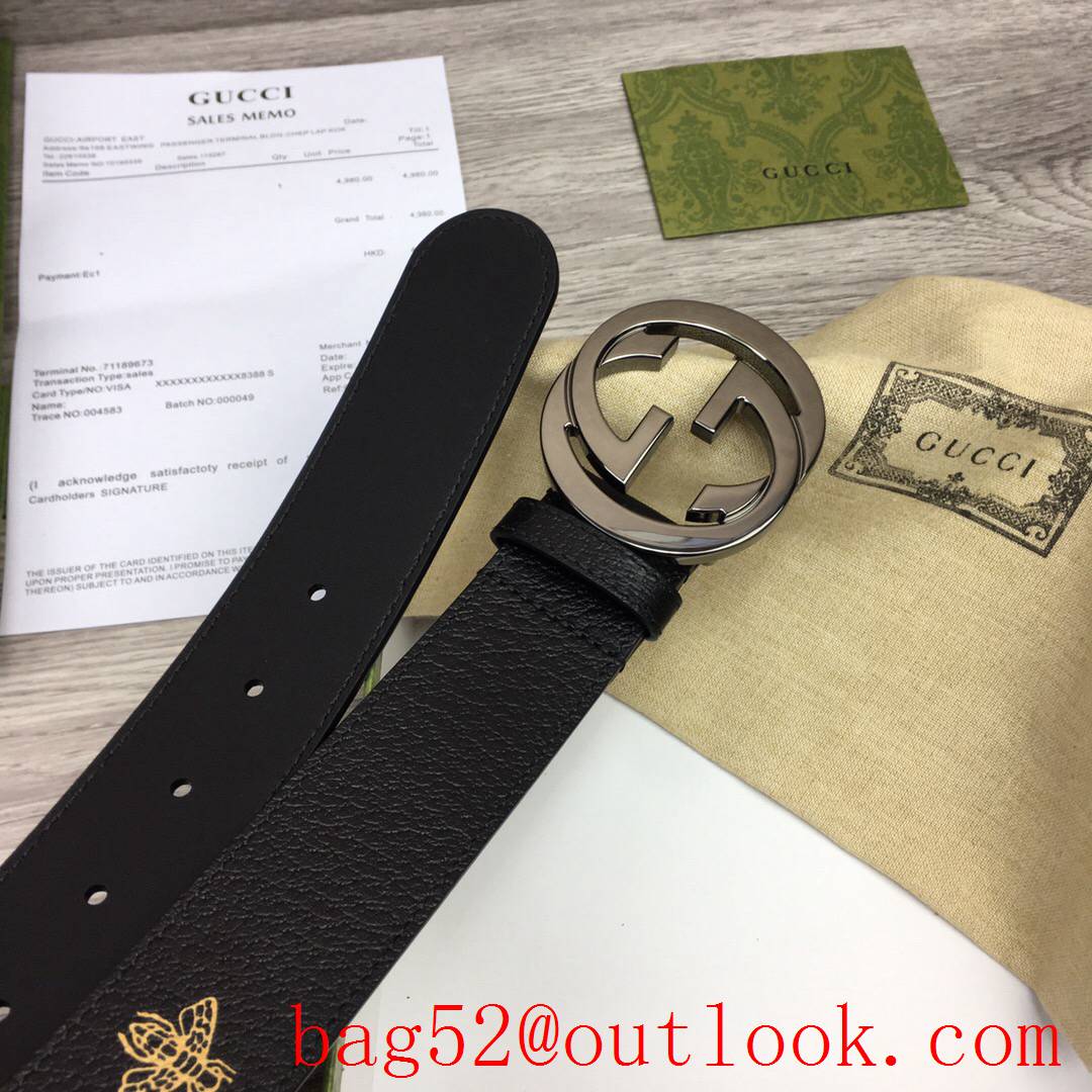 Gucci GG men 4cm soft black leather with pattern paint silver GG buckle belt