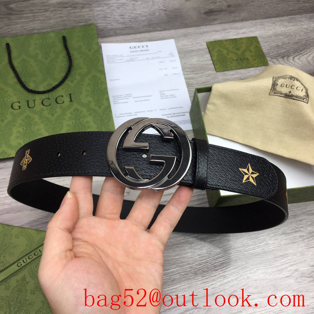 Gucci GG men 4cm soft black leather with pattern paint silver GG buckle belt