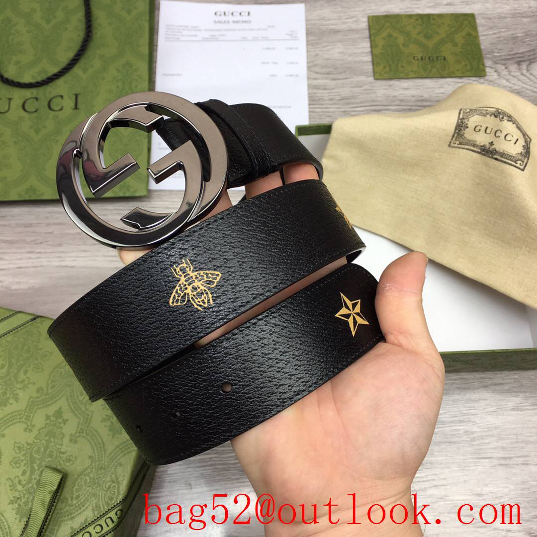 Gucci GG men 4cm soft black leather with pattern paint silver GG buckle belt