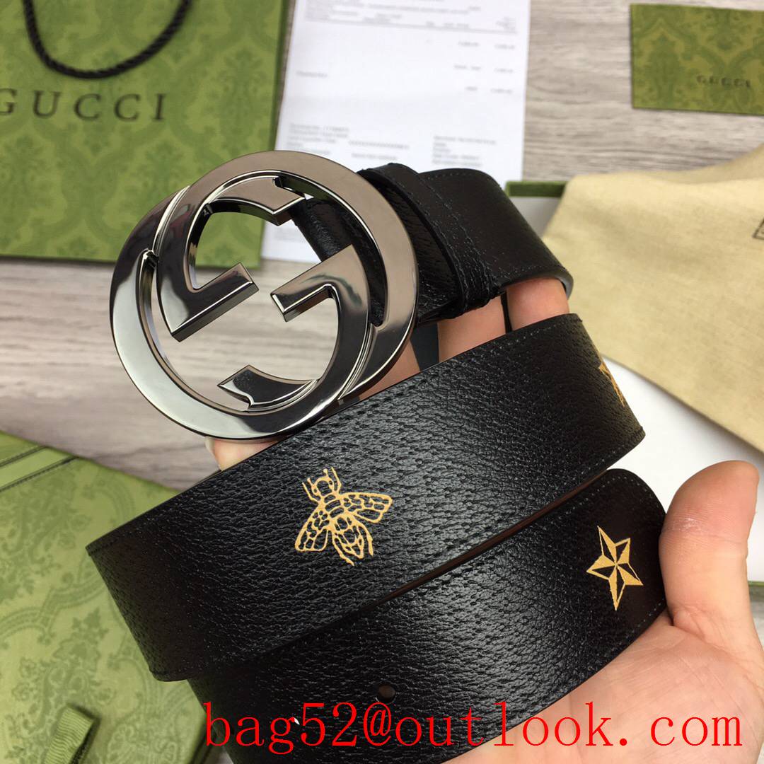 Gucci GG men 4cm soft black leather with pattern paint silver GG buckle belt