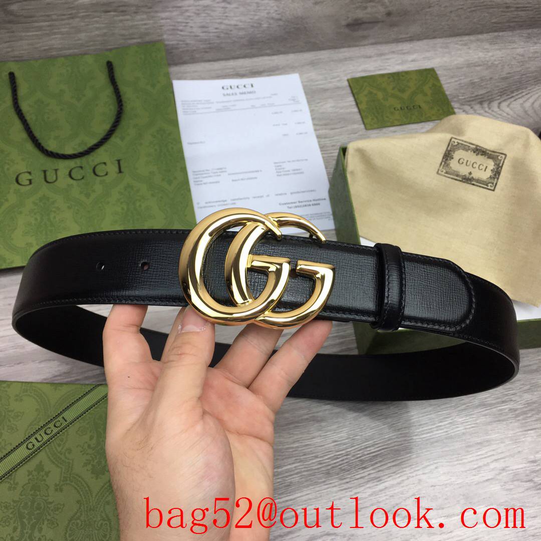 Gucci GG 4cm Palm pattern black leather paint gold buckle belt