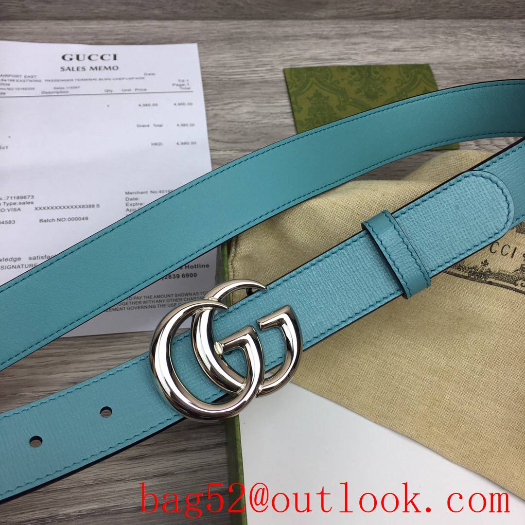 Gucci GG 3cm light blue pattern leather paint silver buckle belt