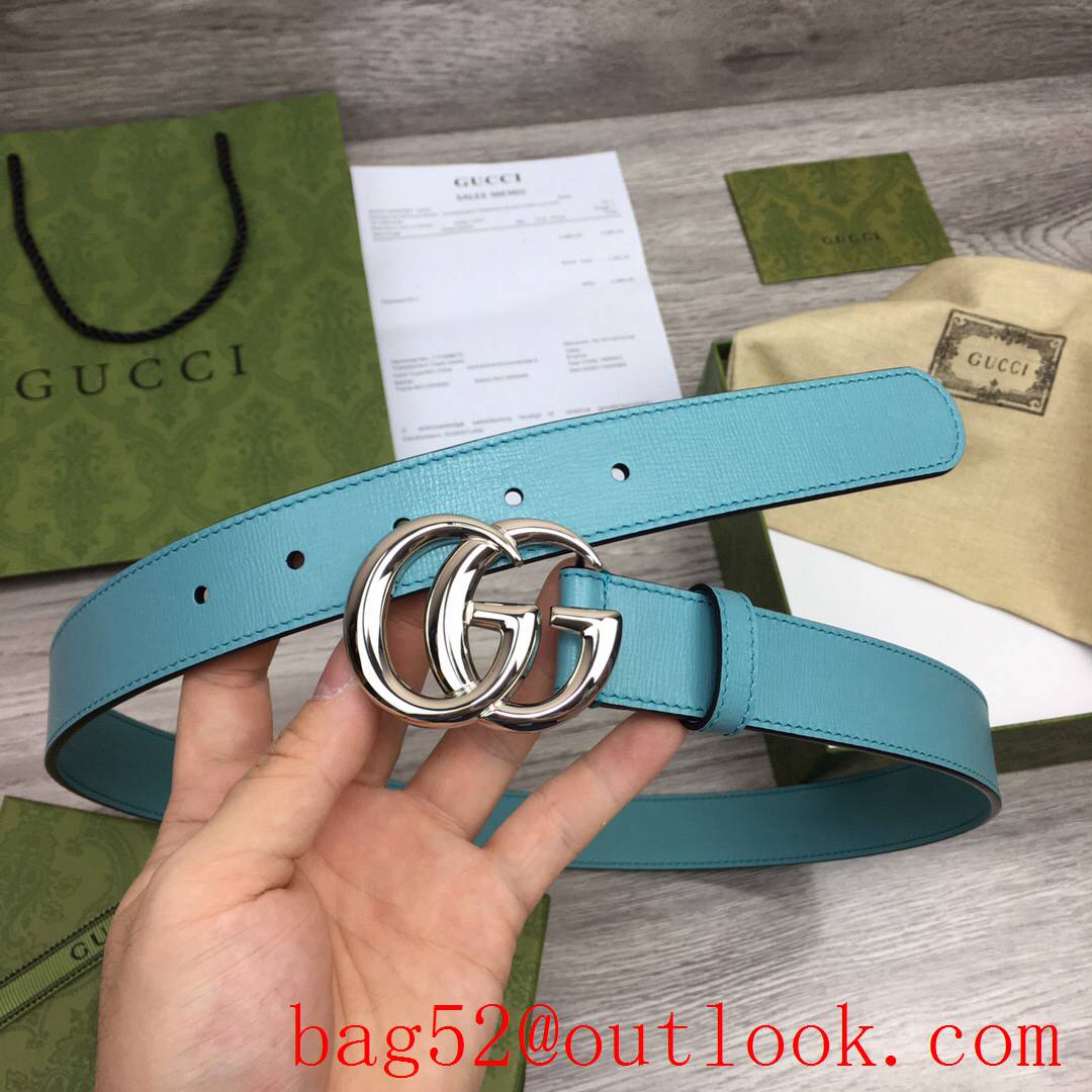 Gucci GG 3cm light blue pattern leather paint silver buckle belt