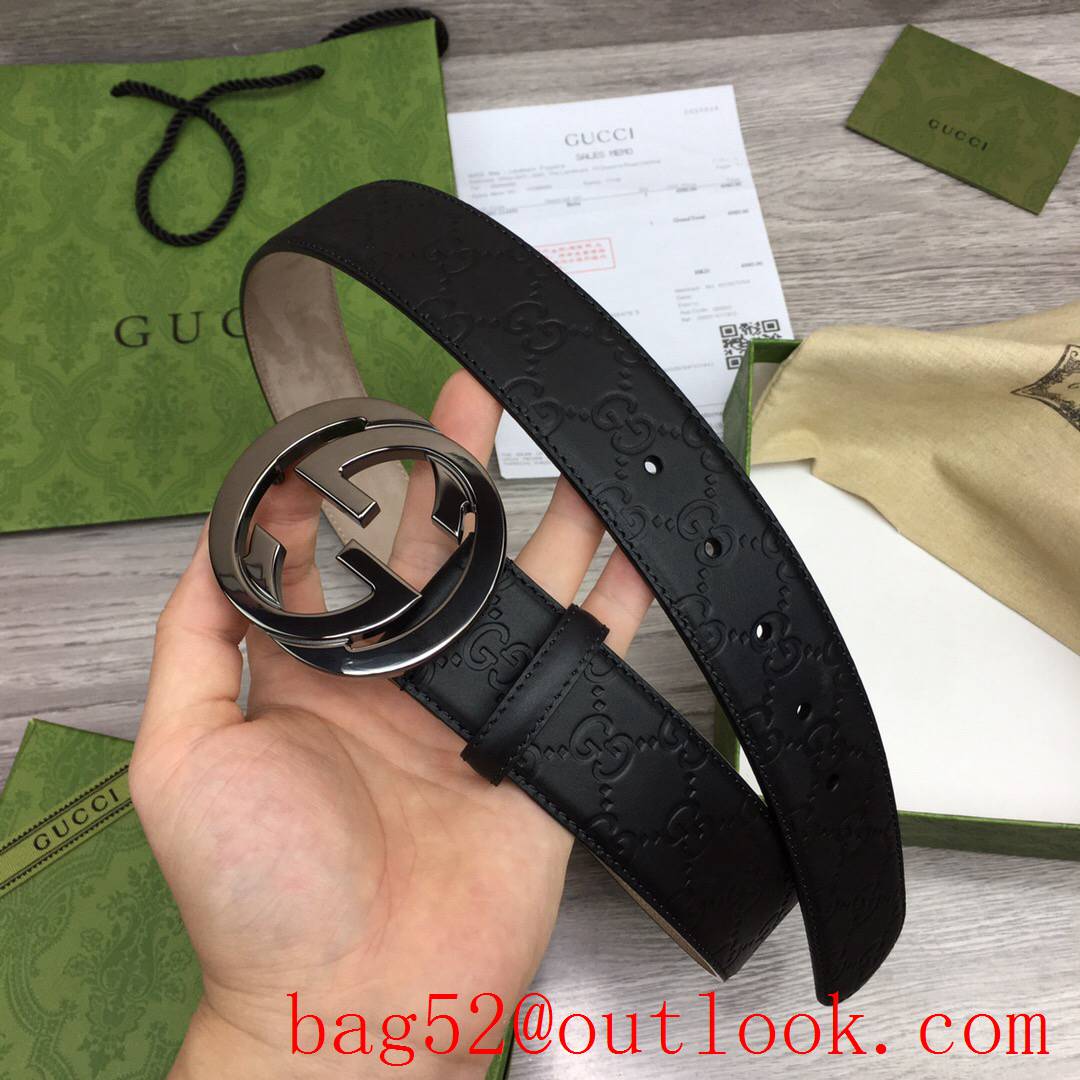 Gucci GG men 3.8cm black pattern leather with paint dark-silver buckle belt