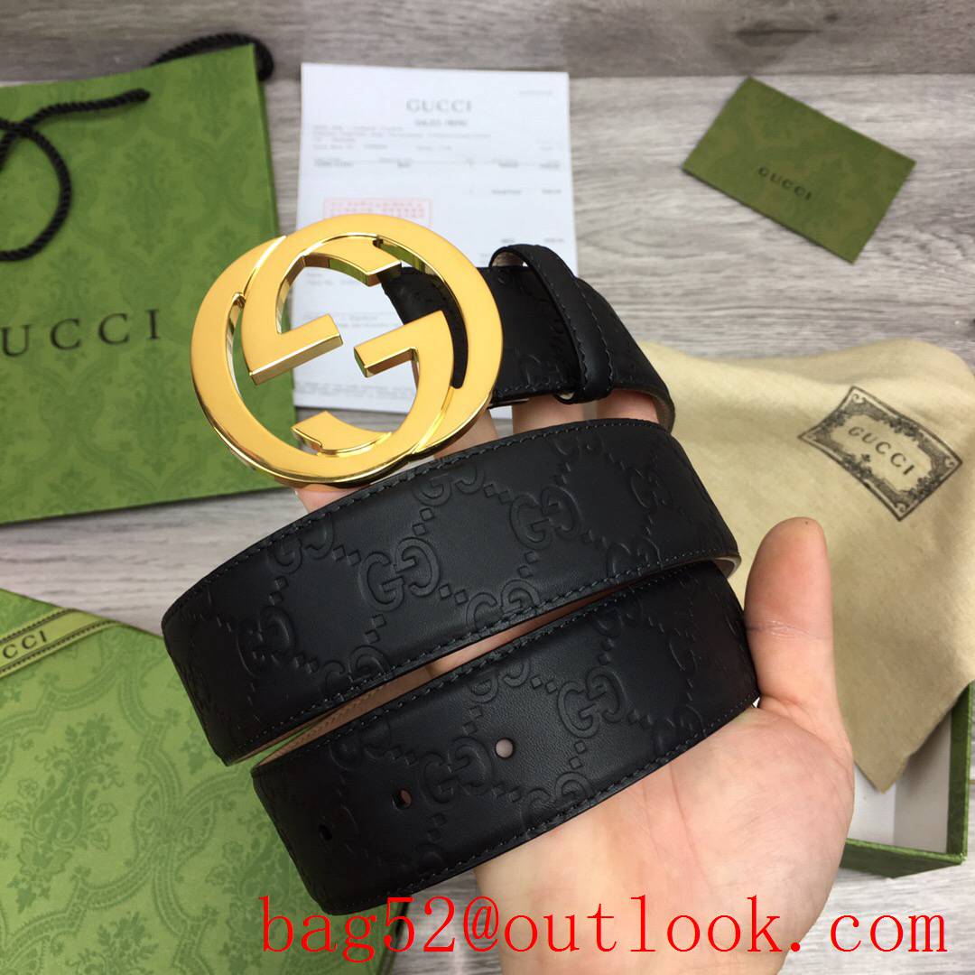 Gucci GG men 3.8cm black pattern leather with paint gold buckle belt
