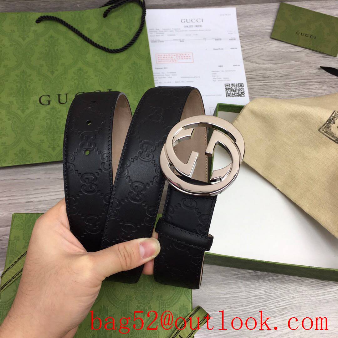 Gucci GG men 3.8cm black pattern leather with paint silver buckle belt