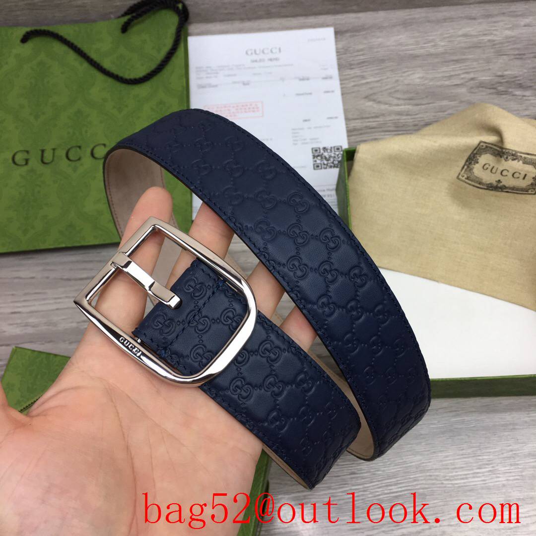 Gucci GG men 4cm navy pattern leather paint silver pin buckle belt