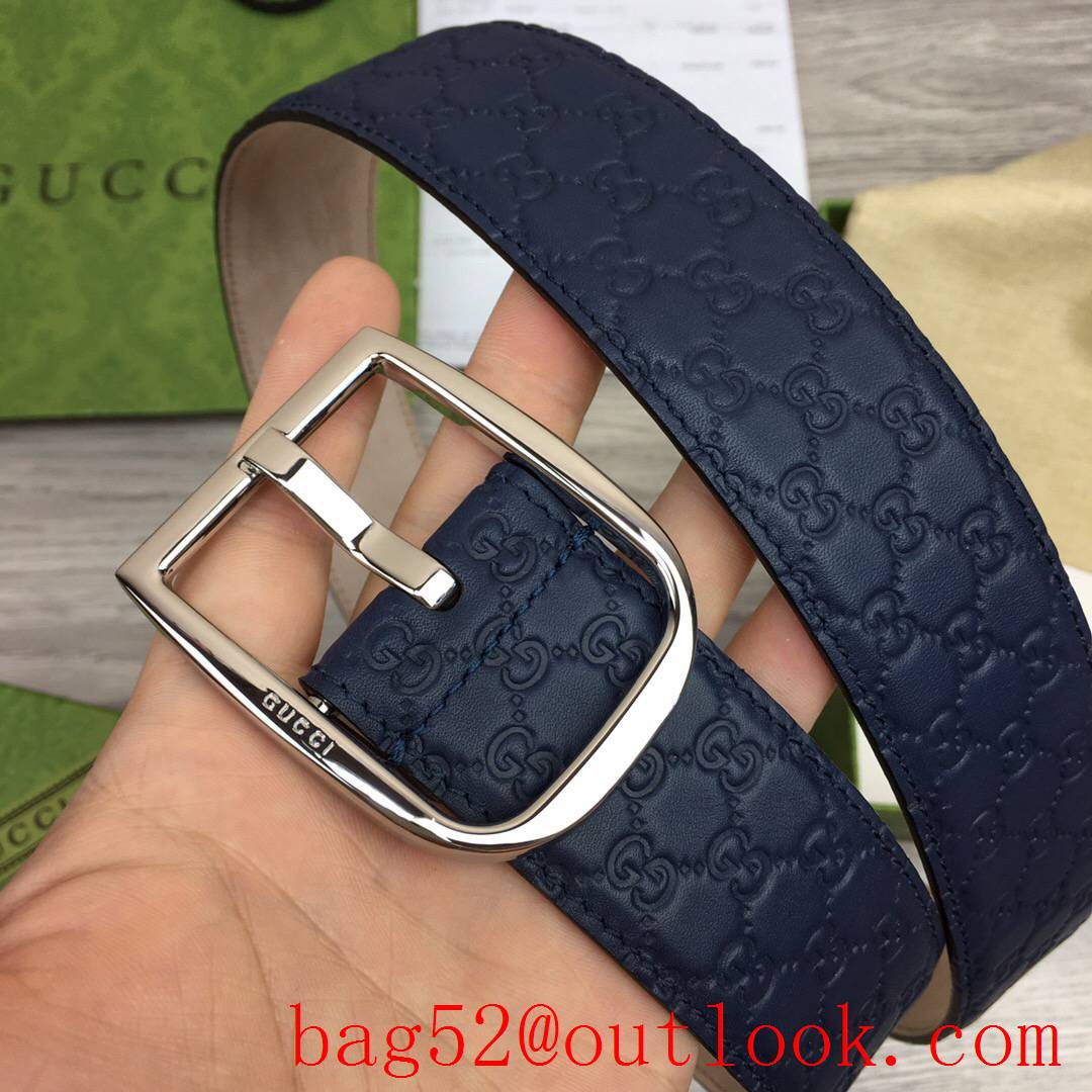 Gucci GG men 4cm navy pattern leather paint silver pin buckle belt