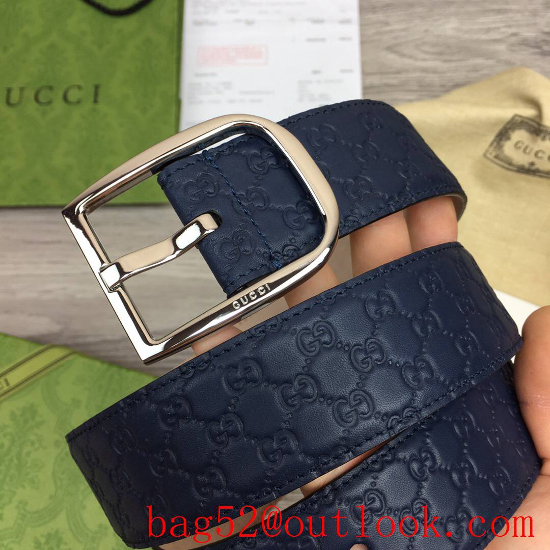 Gucci GG men 4cm navy pattern leather paint silver pin buckle belt