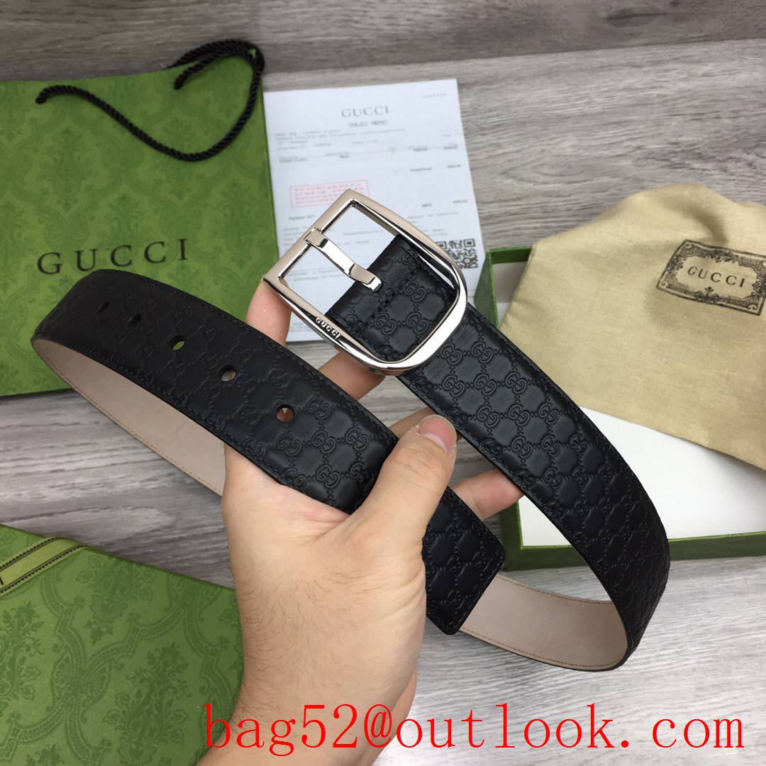 Gucci GG men 4cm black pattern leather paint silver pin buckle belt