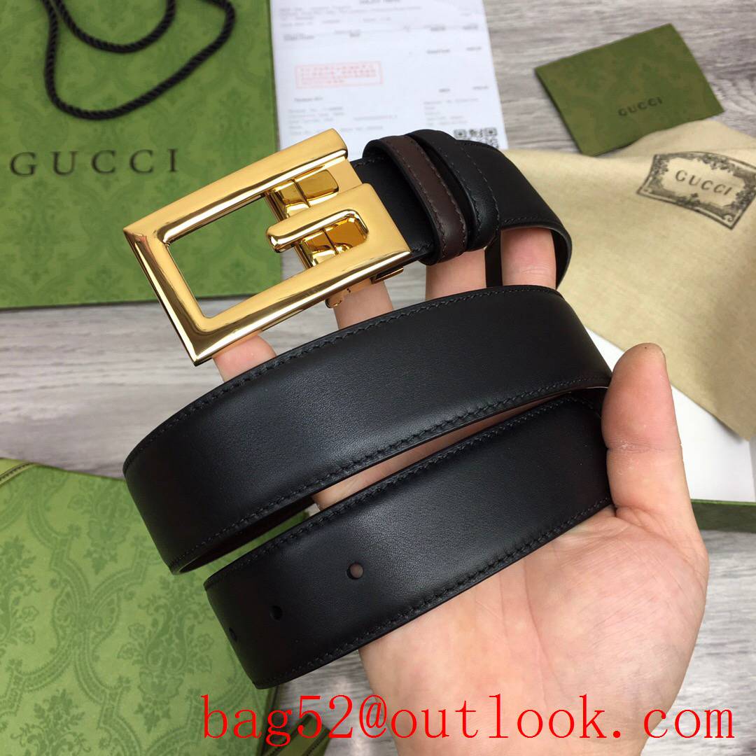 Gucci GG men 3.5cm black coffee smooth leather with shiny gold reversible belt
