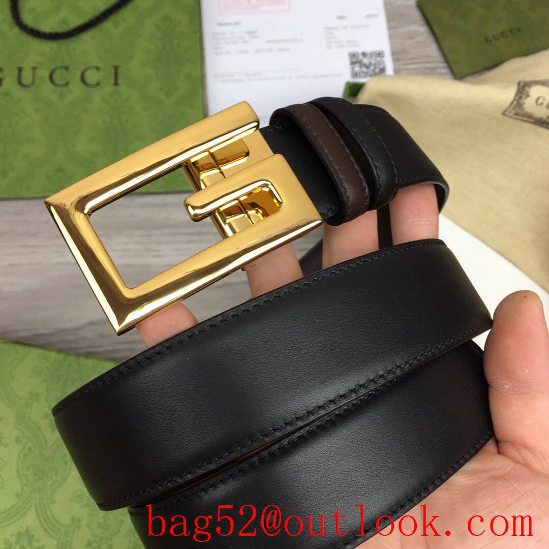 Gucci GG men 3.5cm black coffee smooth leather with shiny gold reversible belt