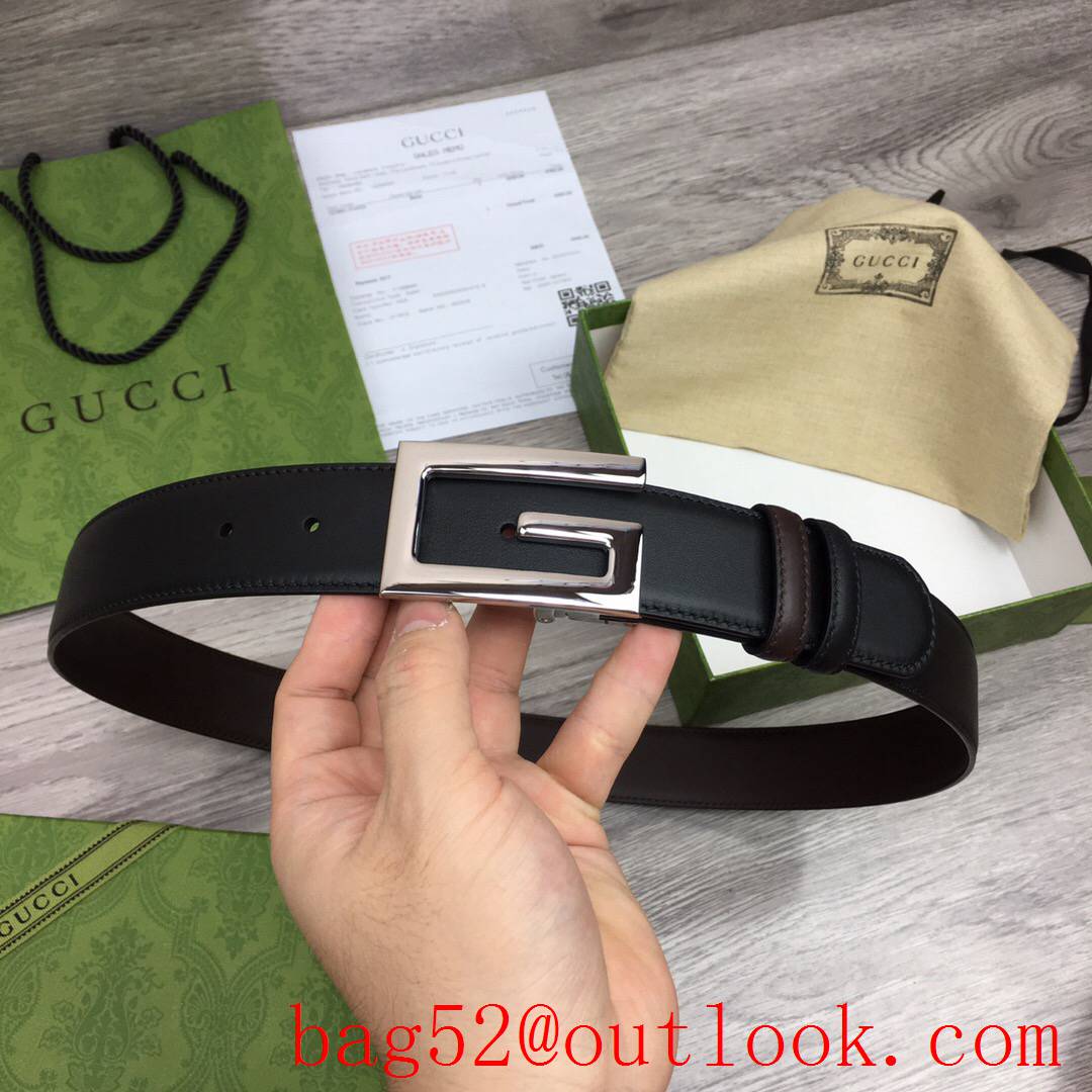 Gucci GG men 3.5cm black coffee smooth leather with shiny silver reversible belt