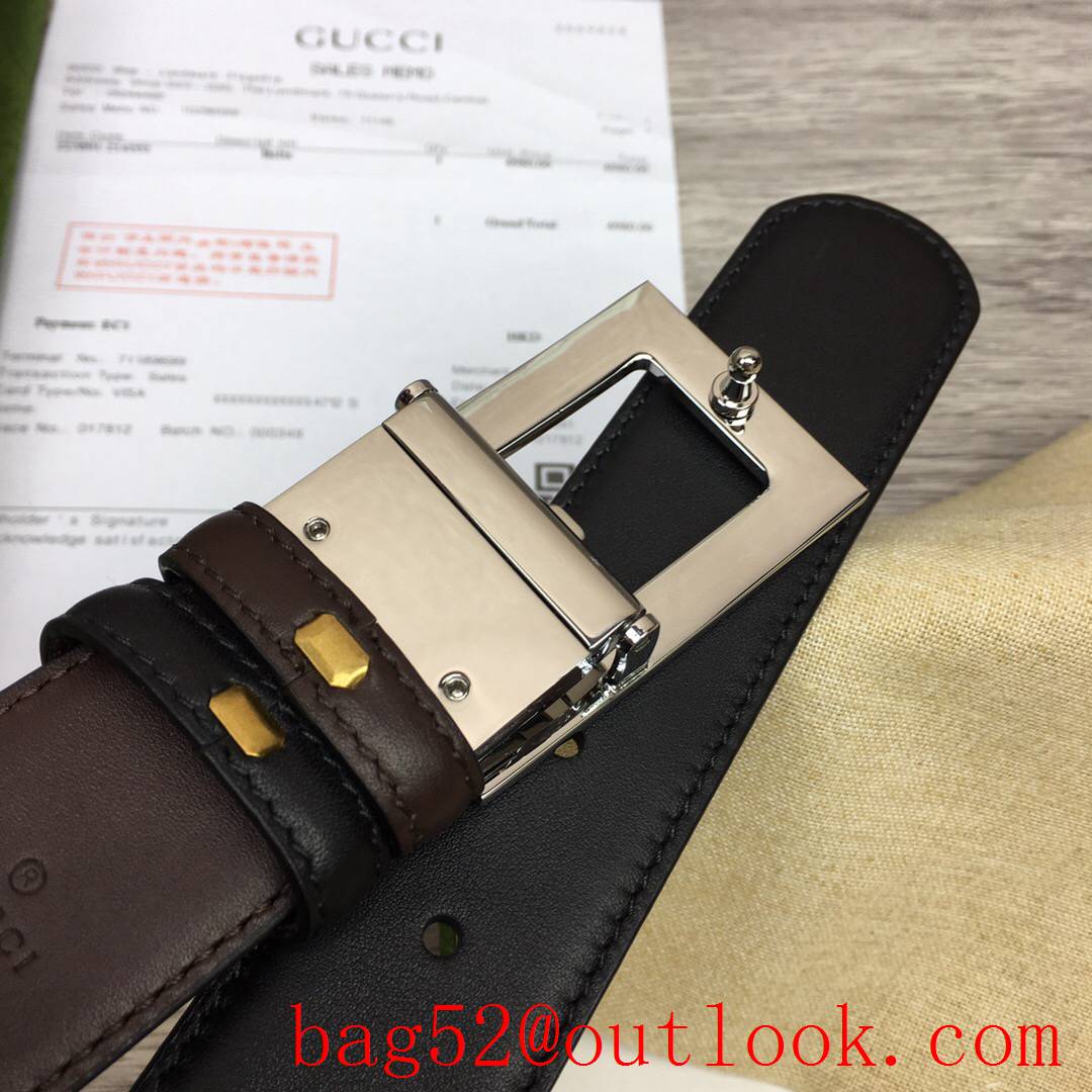 Gucci GG men 3.5cm black coffee smooth leather with shiny silver reversible belt