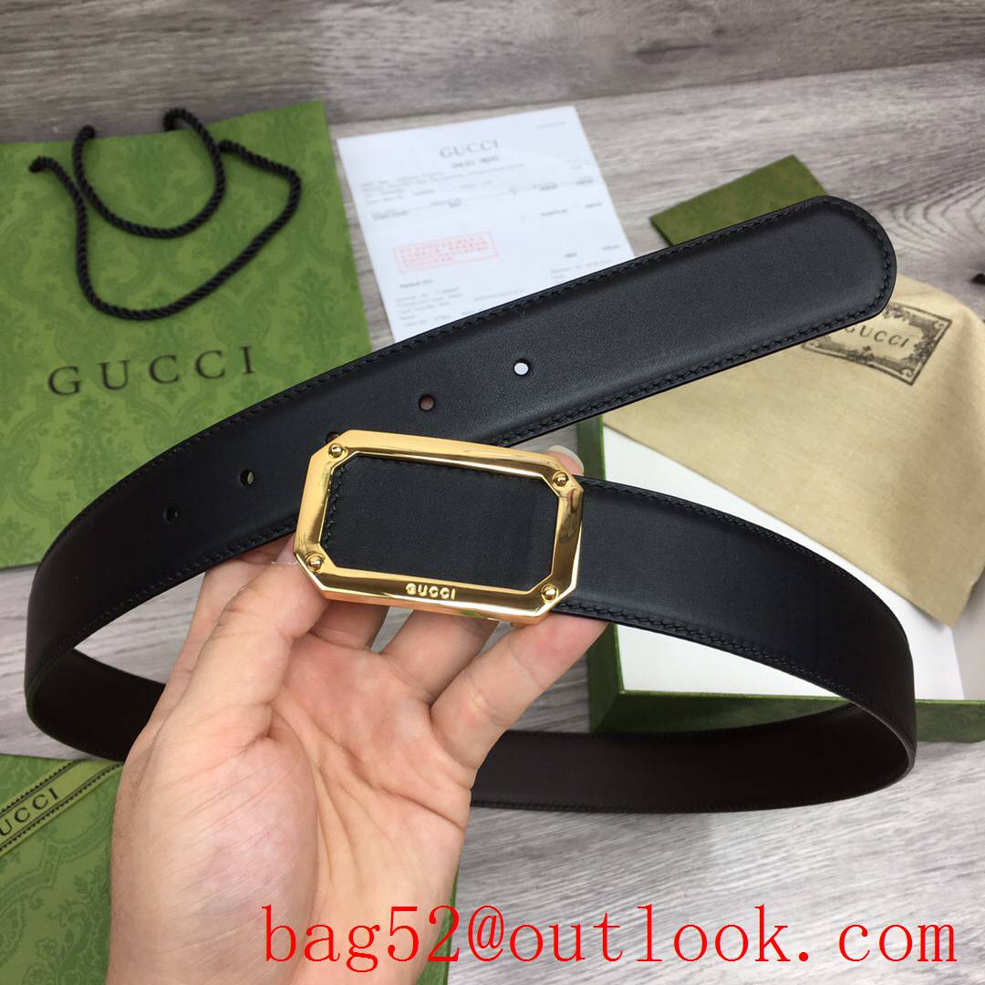 Gucci GG men 3.5cm black coffee smooth leather with shiny square gold buckle reversible belt