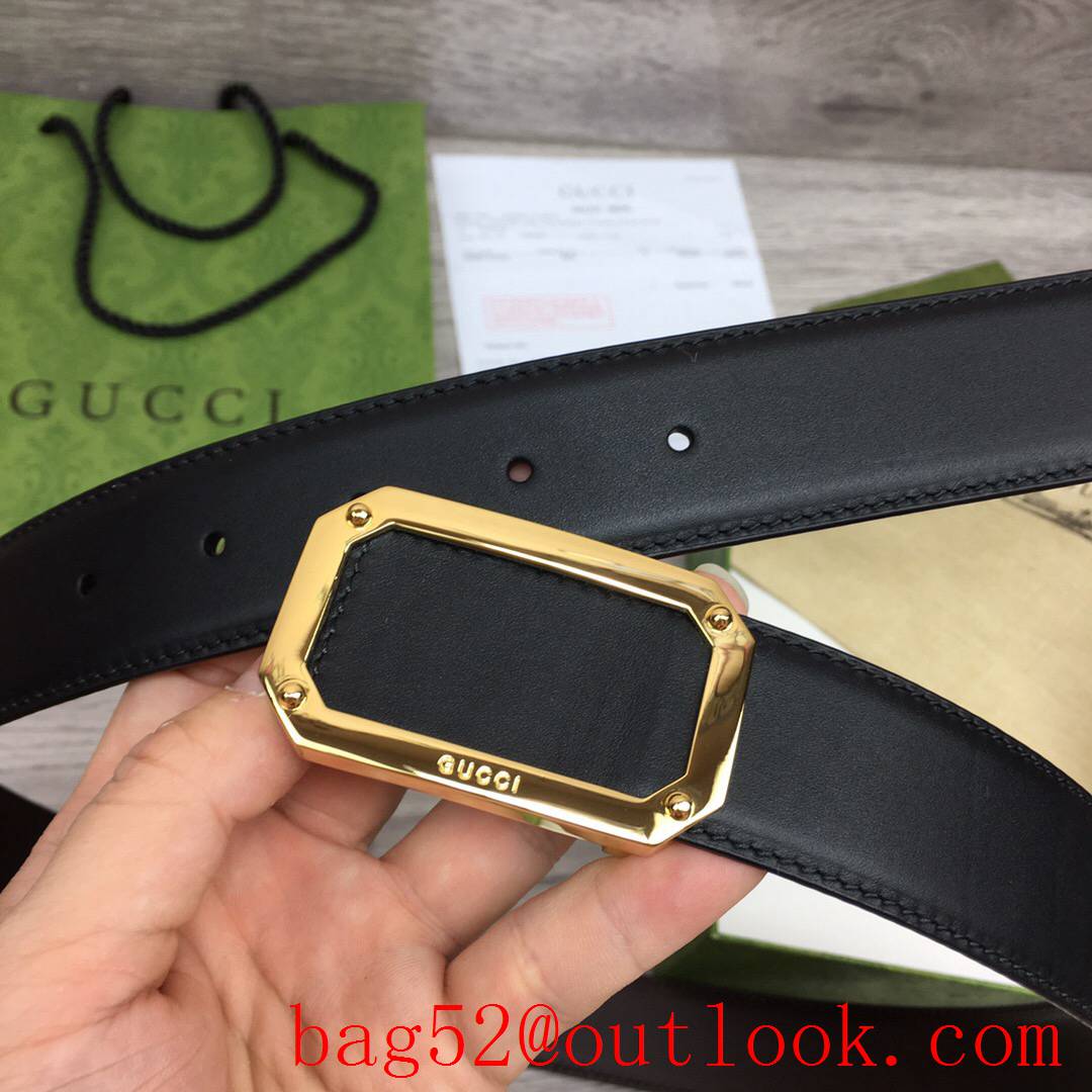 Gucci GG men 3.5cm black coffee smooth leather with shiny square gold buckle reversible belt