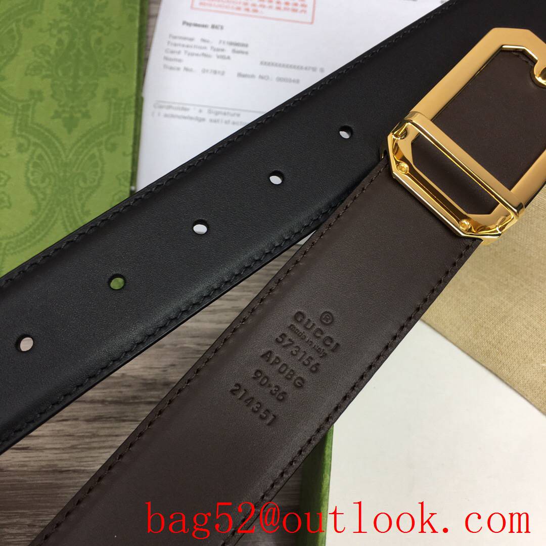 Gucci GG men 3.5cm black coffee smooth leather with shiny square gold buckle reversible belt