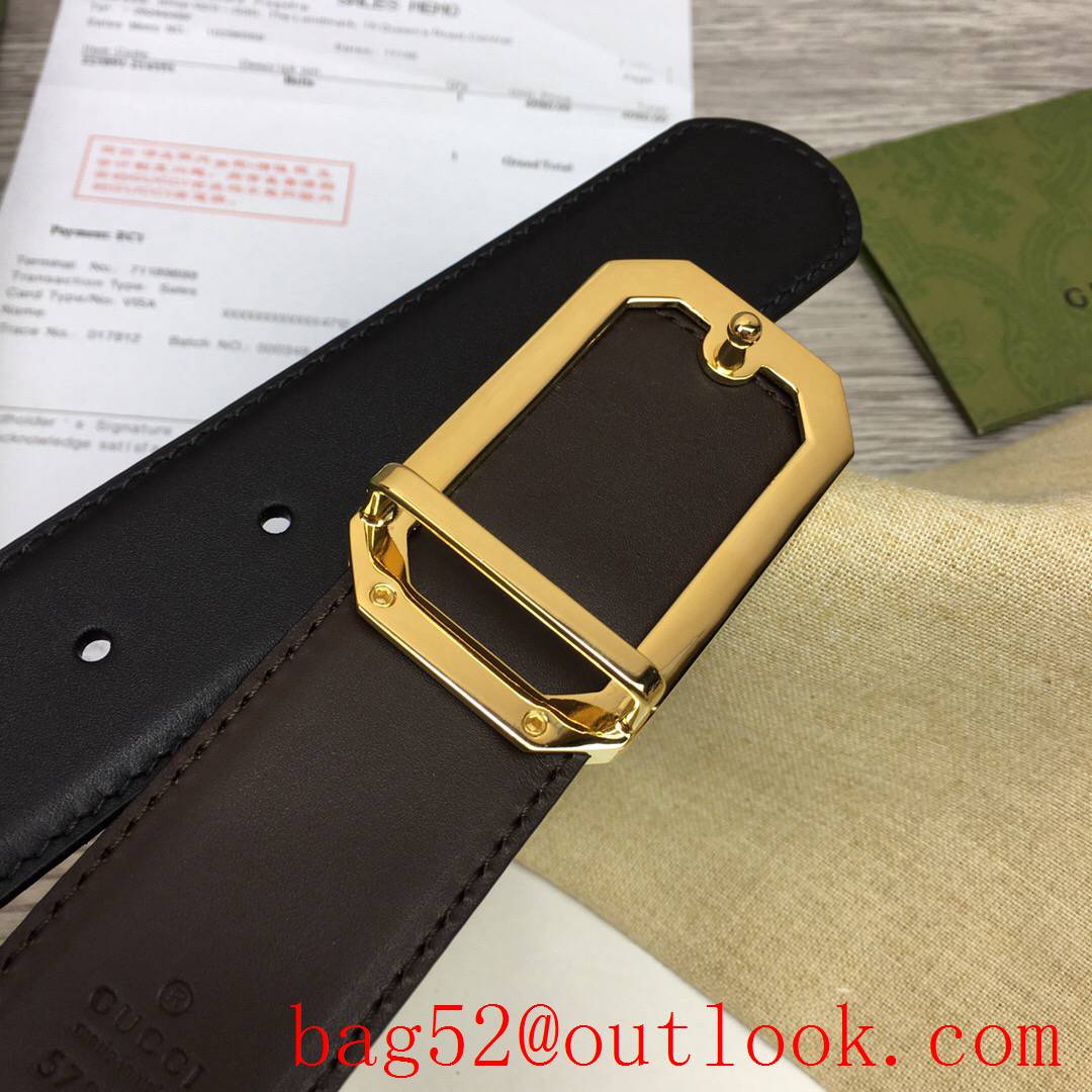 Gucci GG men 3.5cm black coffee smooth leather with shiny square gold buckle reversible belt