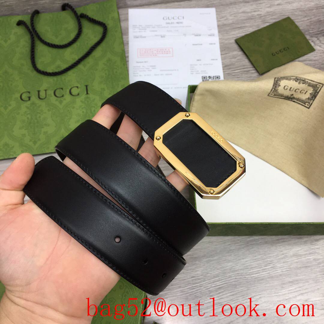 Gucci GG men 3.5cm black coffee smooth leather with shiny square gold buckle reversible belt