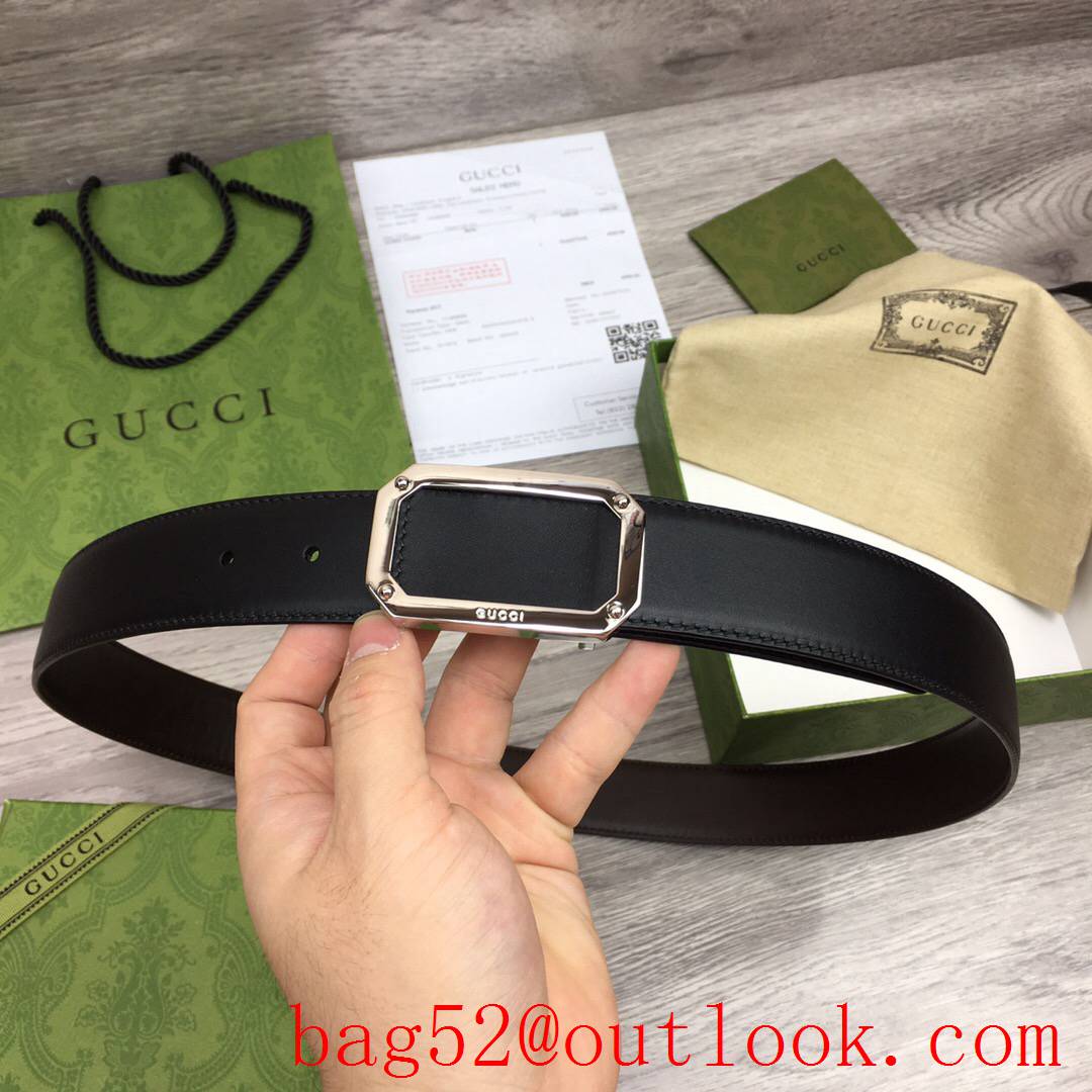 Gucci GG men 3.5cm black coffee smooth leather with shiny square gold buckle reversible belt