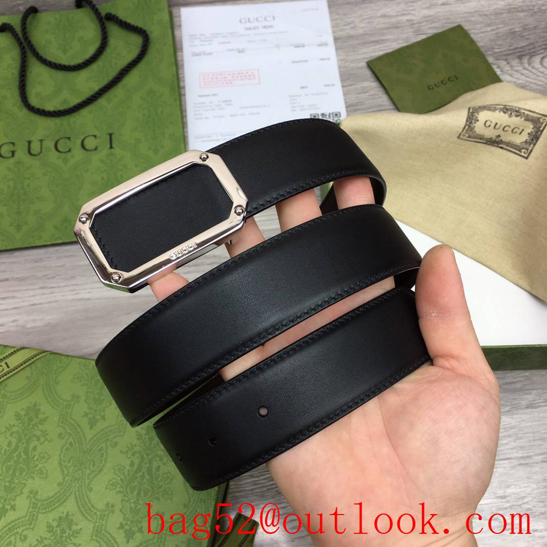 Gucci GG men 3.5cm black coffee smooth leather with shiny square gold buckle reversible belt