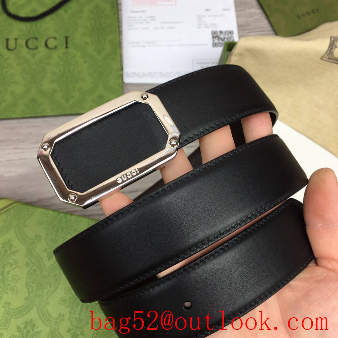 Gucci GG men 3.5cm black coffee smooth leather with shiny square gold buckle reversible belt