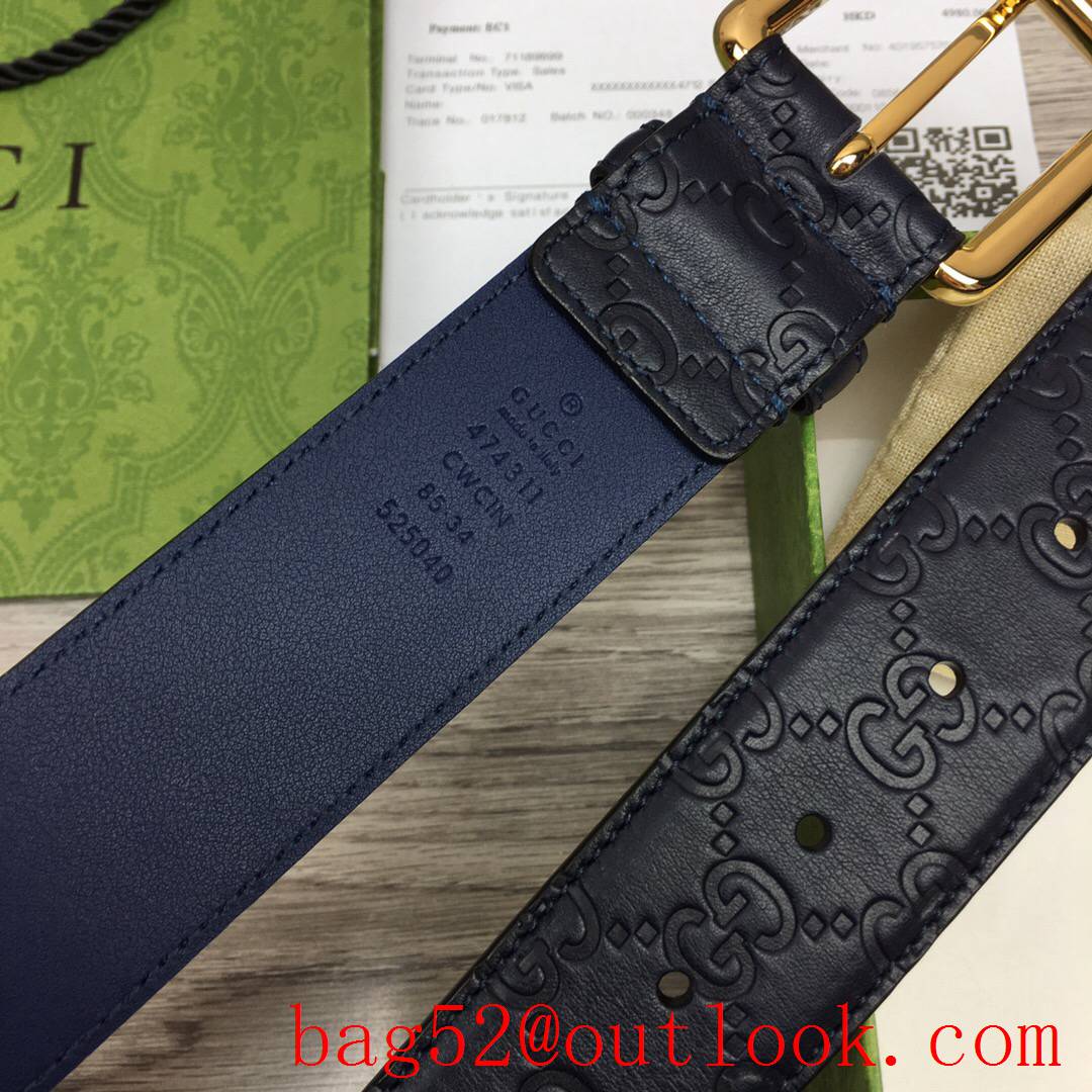 Gucci GG men 4cm navy Signature belt with shiny gold pin buckle belt
