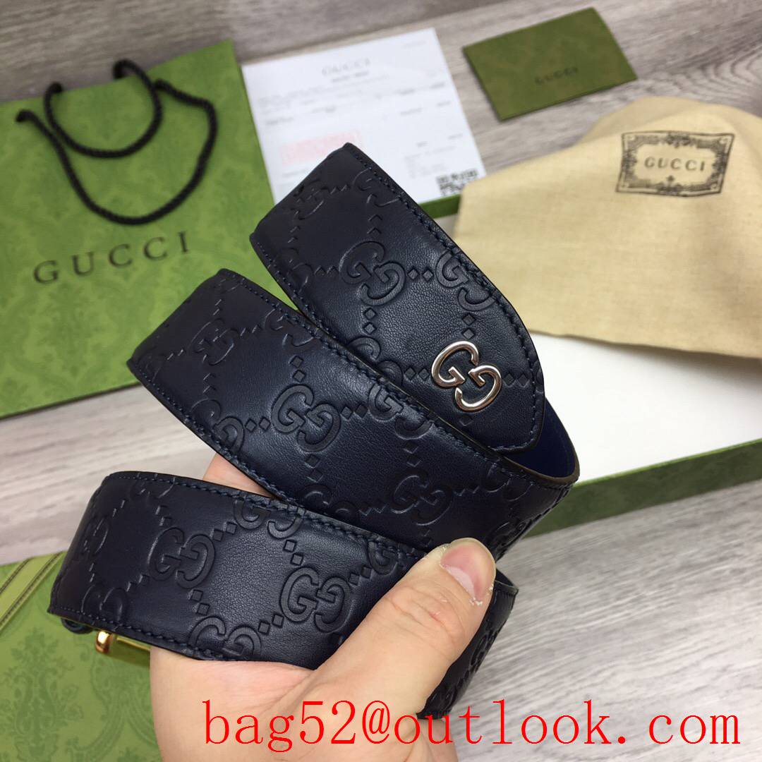Gucci GG men 4cm navy Signature belt with shiny silver pin buckle belt