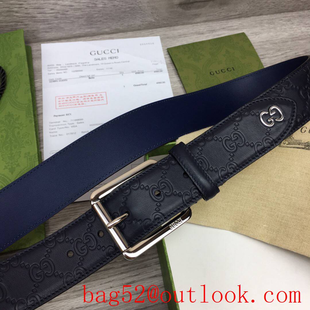 Gucci GG men 4cm navy Signature belt with shiny silver pin buckle belt