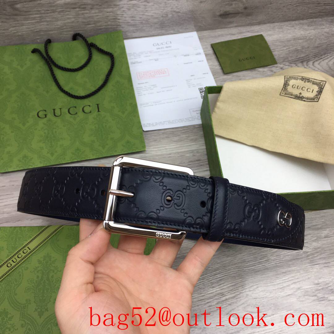 Gucci GG men 4cm navy Signature belt with shiny silver pin buckle belt