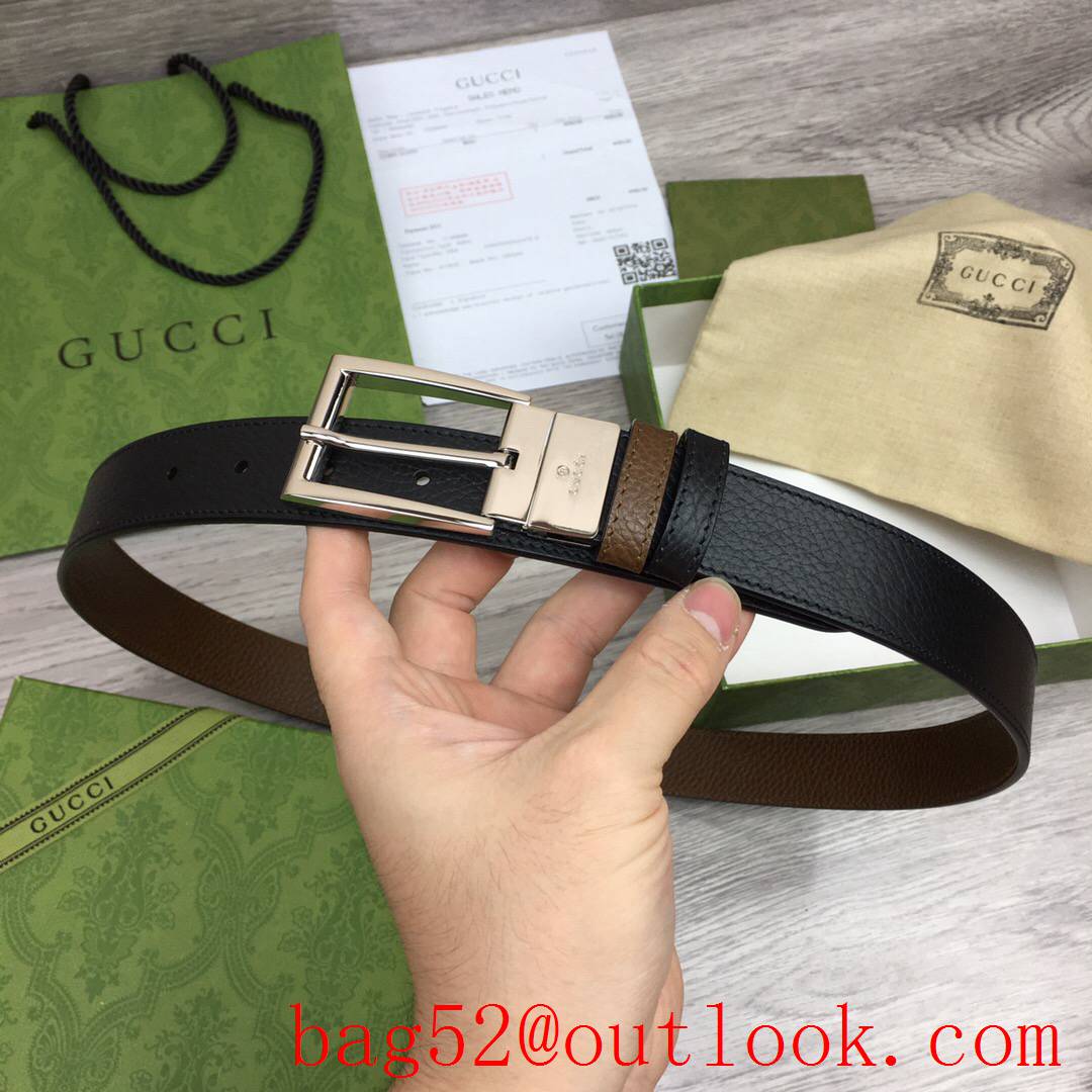 Gucci GG men 3cm black coffee cuir leather with shiny silver reversible belt