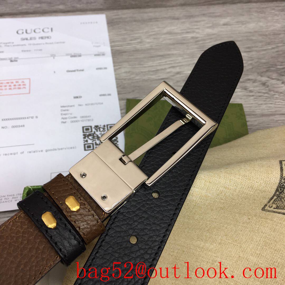 Gucci GG men 3cm black coffee cuir leather with shiny silver reversible belt