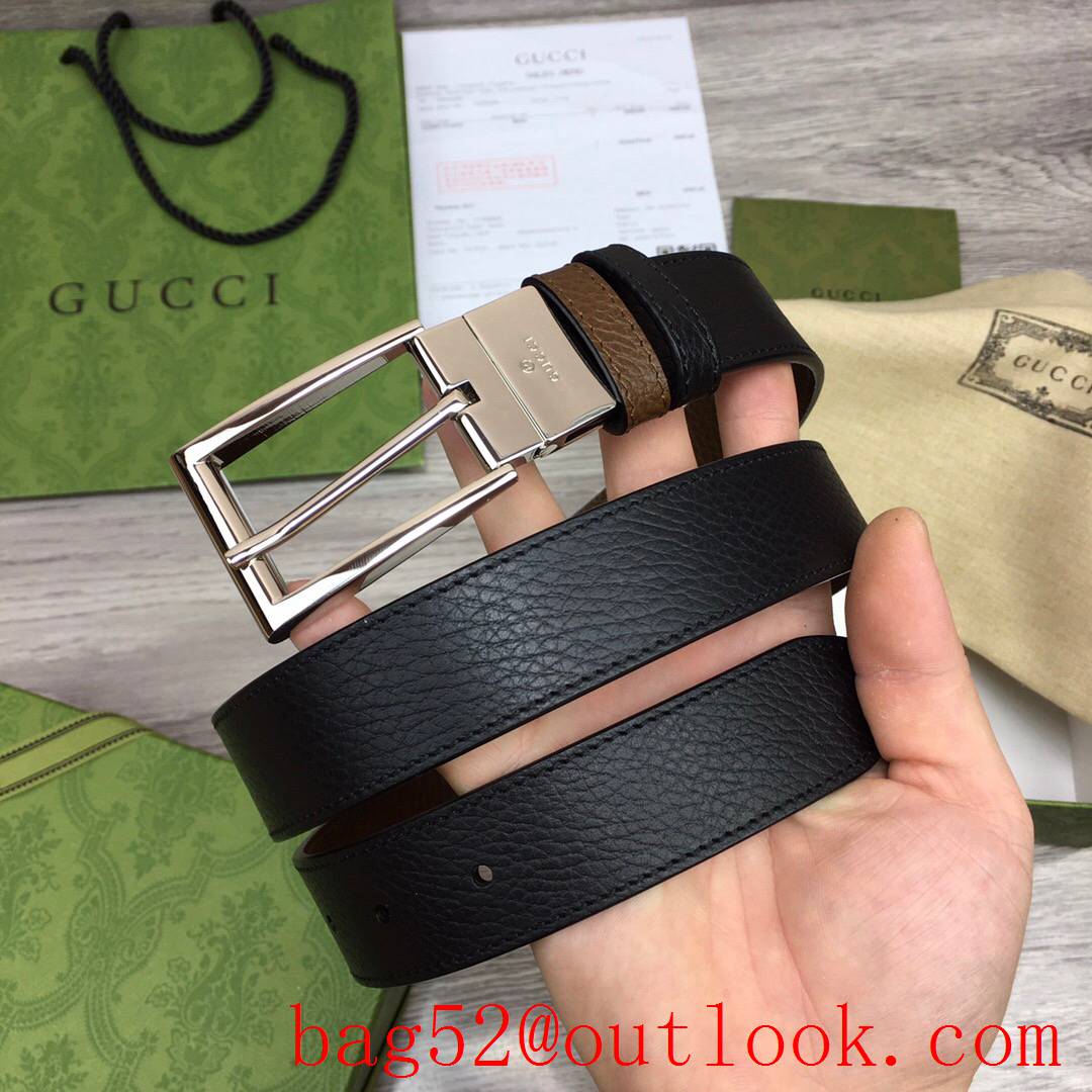 Gucci GG men 3cm black coffee cuir leather with shiny silver reversible belt