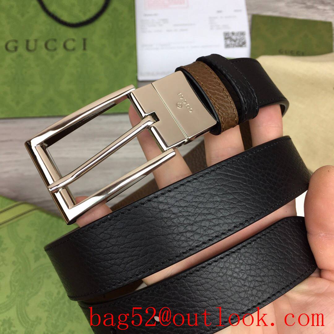 Gucci GG men 3cm black coffee cuir leather with shiny silver reversible belt