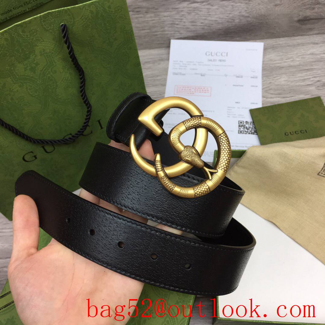 Gucci GG men 4cm black real leather snake matte gold buckle belt